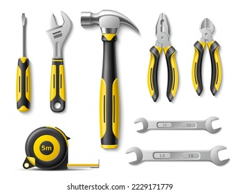 Realistic hand tools. Different worker instruments. Top view wrench, screwdriver and pliers, construction tape measure, 3d objects, hammer with rubber handles, metal parts, utter vector set