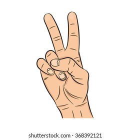 Realistic hand with two fingers raised up. Victory sign isolated on a white background. Peace hand gesture symbol icon. 