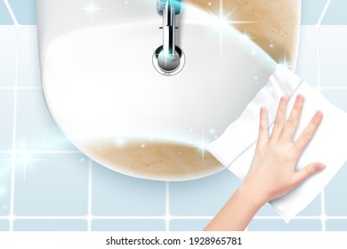 Realistic Hand Using Disinfectant Wipe To Clean Dirty Bathroom Sink With Clean Sparkle Effect. Blank Ad Background In 3d Illustration.