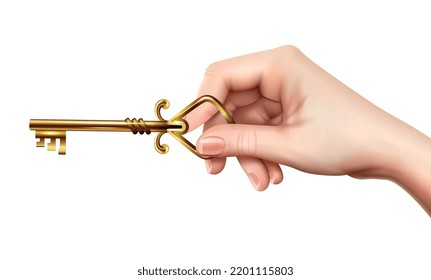Realistic hand with vintage key composition with human hand holding retro golden key on blank background vector illustration