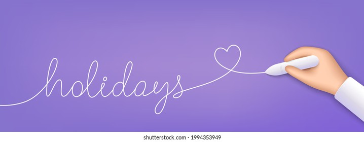 Realistic hand writing holiday word. Continuous line with heart symbol. Banner with 3d hand and white chalk. Author draw heart. Valentine day background with handwriting love icon. Holiday vector