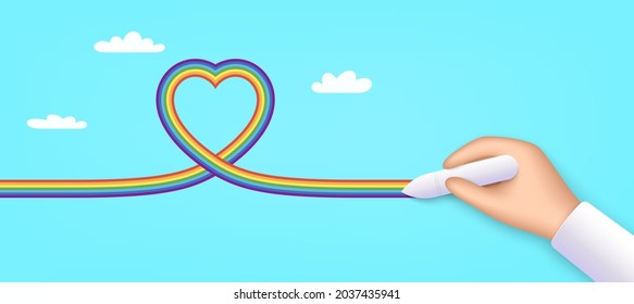 Realistic hand writing LGBT love icon. Continuous pride flag line with heart symbol. Banner with 3d hand. Author write or draw LGBT flag heart. Diversity culture Valentine day background. Vector