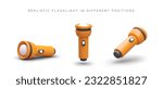 Realistic handheld flashlight in different positions. Modern lighting equipment. Tourist accessory. 3D image on white background. Orange flashlights with buttons