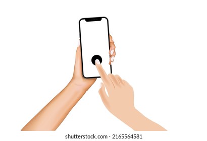 Realistic hand-holding, touching and scrolling phone mockup template. Vector hands with a smartphone pressing a button on smartphone, Vector.