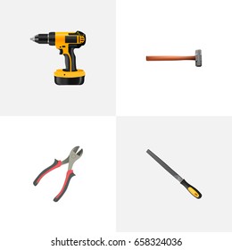 Realistic Handle Hit, Forceps, Sharpener Vector Elements. Set Of Instruments Realistic Symbols Also Includes Instrument, Emery, Sledge Objects.
