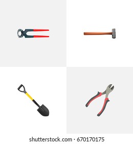 Realistic Handle Hit, Forceps, Spade Vector Elements. Set Of Instruments Realistic Symbols Also Includes Forceps, Shovel, Sledge Objects.