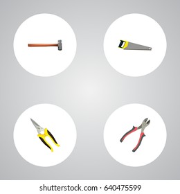 Realistic Handle Hit, Hacksaw, Forceps Vector Elements. Set Of Construction Realistic Symbols Also Includes Clippers, Instrument, Shear Objects.