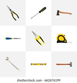 Realistic Handle Hit, Length Roulette, Nippers Vector Elements. Set Of Instruments Realistic Symbols Also Includes Wrench, Key, Clippers Objects.