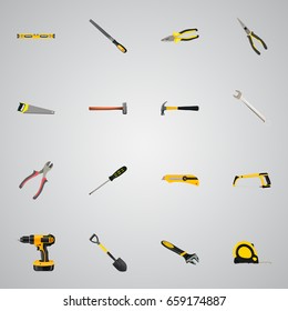 Realistic Handle Hit, Plumb Ruler, Spanner Vector Elements. Set Of Tools Realistic Symbols Also Includes Sawmill, Cutter, Shovel Objects.