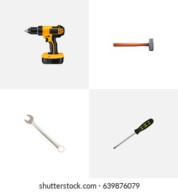 Realistic Handle Hit, Spanner, Electric Screwdriver Vector Elements. Set Of Kit Realistic Symbols Also Includes Electric Screwdriver, Drill, Screwdriver Objects.