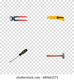 Realistic Handle Hit, Stationery Knife, Tongs Vector Elements. Set Of Instruments Realistic Symbols Also Includes Screwdriver, Knife, Sledgehammer Objects.