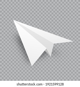 Realistic handmade paper plane on transparent background. Origami aircraft in flat style. Vector illustration.