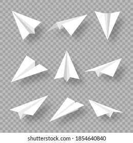 Realistic handmade paper planes collection on transparent background. Origami aircraft in flat style. Vector illustration.