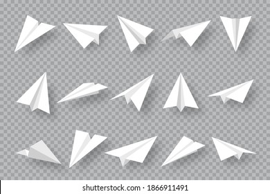 Realista colección de planos de papel hechos a mano sobre fondo transparente. Aeronaves de Origami de estilo plano. Ilustración vectorial.
