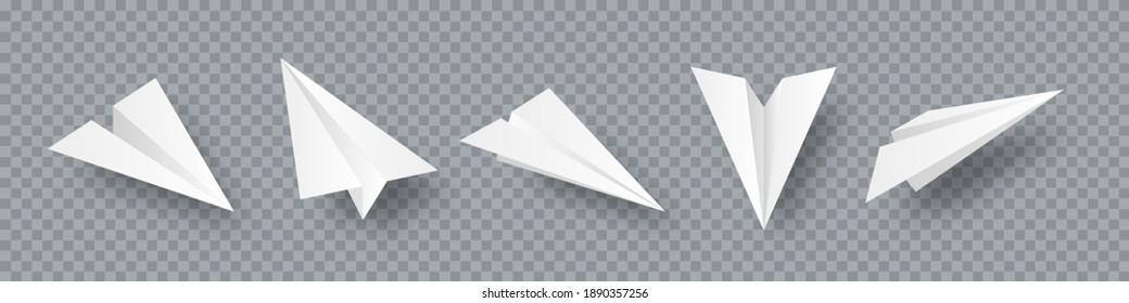 Realistic handmade paper planes collection on transparent background. Origami aircraft in flat style. Vector illustration.