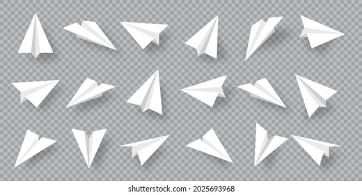 Realistic handmade paper planes collection on transparent background. Origami aircraft in flat style. Vector illustration.