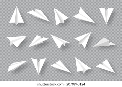 Realistic handmade paper planes collection on transparent background. Origami aircraft in flat style. Vector illustration.