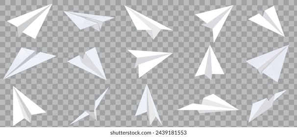 Realistic handmade paper planes collection on transparent background. Origami aircraft in flat style.