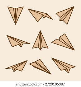 Realista coleção de planos de papel feitos à mão sobre fundo transparente. Origami aeronave em estilo plano. Ilustração vetorial.