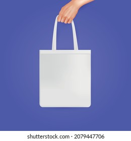 Realistic hands bag color background composition white cloth bag in hand on purple background vector illustration