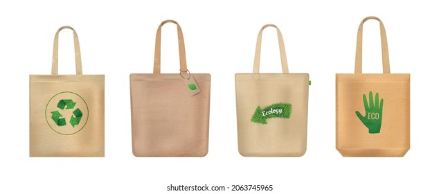 Realistic hands bag eco icon set beige bags made of eco friendly materials with green logos vector illustration