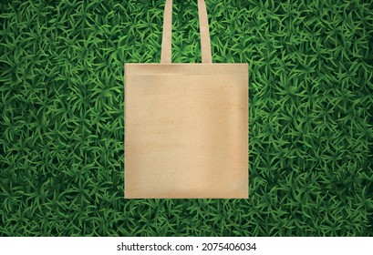 Realistic hands bag green grass composition a beige rag bag lies on the grass vector illustration