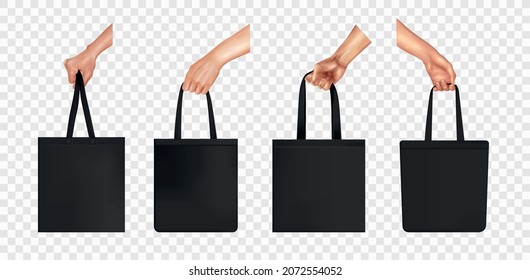 Un icono transparente de bolso de mano realista pone una mano de mujer sosteniendo una bolsa de tela negra desde diferentes ángulos ilustración vectorial