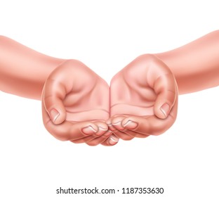 Realistic hands cupped together showing product offering, carrying or presenting. Charity, save the earth, ecology concept. Or poverty begging gesture. Vector empty woman, man arms closeup