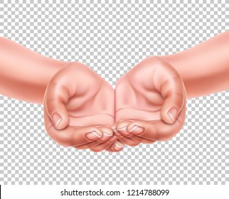 Realistic hands cupped together showing product offering, carrying or presenting. Charity, save the earth, ecology mercy concept. Vector empty woman, man arms closeup on transparent background