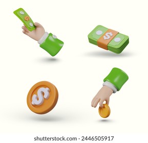 Realistic hands hold money, gold coin, stack of green bills. Set of isolated vector items