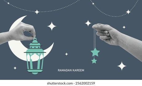 Realistic hands holding Ramadan lantern decoration, ornamented stars. Ramadan Kareem greeting card