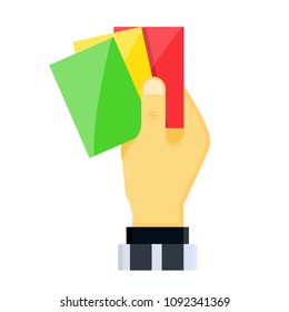 Realistic hands holds out plastic yellow green red football lacrosse sport soccer referee cards for fouls, player exclusions. Flat cartoons style vector illustration icons isolated on white background