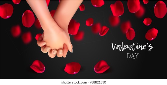 Realistic hands of lovers on isolated black background. Love and friendship. 3d illustration for the day of all lovers, March 8. Vector illustration
