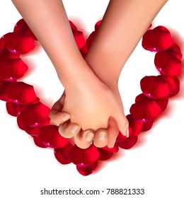 Realistic hands of lovers on isolated white background.Love and friendship. 3d illustration for the day of all lovers, March 8. Vector illustration