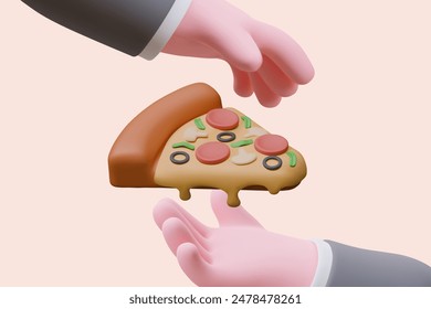 Realistic hands reaching for slice of pizza. Commercial poster in cartoon style