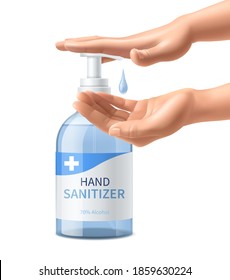 Realistic hands sanitizer bottle. 3d dispenser pump bottle with human hands interaction, transparent disinfectant gel drop in palm. Covid-19 and flu virus protection poster vector promotional banner