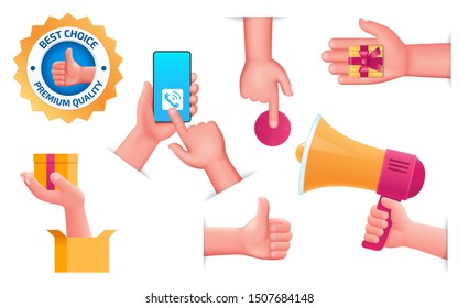 Realistic hands in seven different poses and bonus - Best choice badge.  Cartoon vector illustration