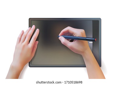 Realistic hands use a graphic tablet and stylus. Vector illustration on a white background