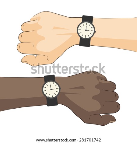 Realistic hands with watch. White and brown hands with wristwatch. vector illustration, color 