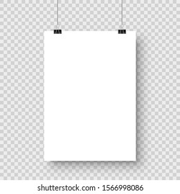 Realistic hanging blank paper sheet with shadow in A4 format and black paper clip, binder on checkered background. Design poster, template or mockup. Vector illustration.