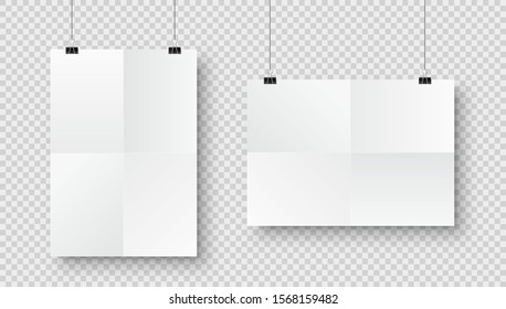 Realistic hanging blank paper sheet with shadow in A4 format and black paper clip, binder on checkered background. Design poster, template or mockup. Vector illustration.