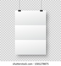 Realistic hanging blank paper sheet with shadow in A4 format and black paper clip, binder on checkered background. Design poster, template or mockup. Vector illustration.