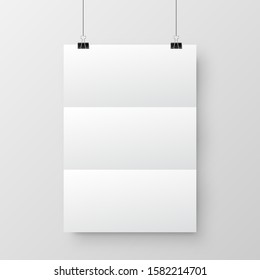 Realistic hanging blank paper sheet with shadow in A4 format and black paper clip, binder on gray background. Design poster, template or mockup. Vector illustration.