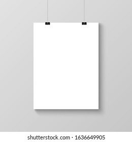 Realistic hanging blank poster template mockup, vector illustration