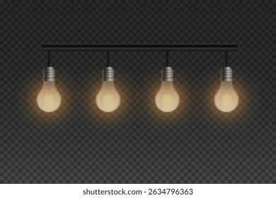 Realistic hanging bulbs with warm glow. On transparent background