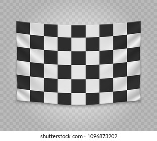 Realistic hanging checkered finish flag. Empty fabric banner illustration design.