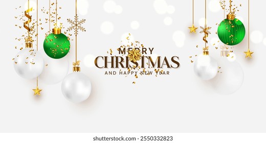 Realistic hanging Christmas ball design with white and green colors. Christmas holiday background design vector with hanging xmas ball, bokeh light effect, luxury snow, on white background. 