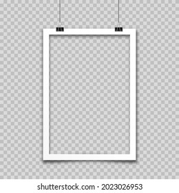 Realistic hanging empty photo card frame, film set. Retro vintage photograph. Digital snapshot image. Template or mockup for design. Vector illustration.