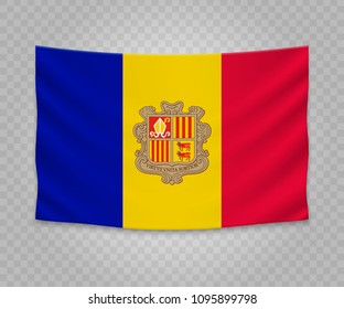 Realistic hanging flag of Andorra. Empty  fabric banner illustration design.