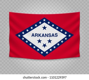 Realistic hanging flag of Arkansas. State of USA. Empty  fabric banner illustration design.